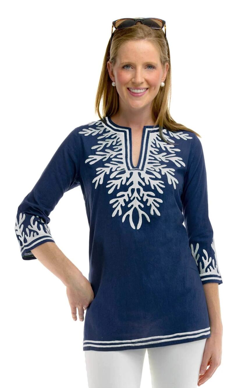 Gretchen Scott $159 Reef Tunic Navy Blue White 100% Cotton Size Small Blouse Top